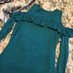 Open shoulder ruffle sweater